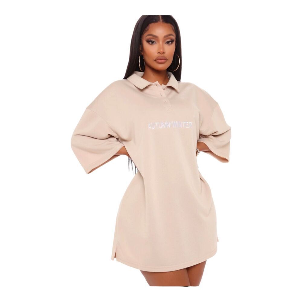 New! Fashion Nova Taupe Autumn/Winter Spellout One For Two T Shirt Dress, S